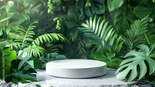 Eco-friendly white round podium for cosmetic product display. Fresh green forest leaves background, stylish minimalist flatlay for organic presentation concepts