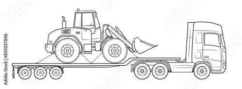 Loader transporter truck illustration - black and white vector stock illustration