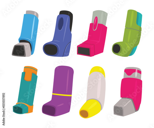 Set of asthma inhaler set collection, aerosol for asthma patient and shortness of breath in the treatment and prevention, medicine pharmaceutical, isolated on white background flat vector illustration