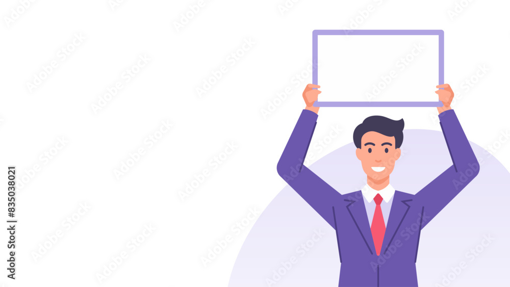 Cartoon business man showing blank board signboard display banner design template vector flat Cartoon business man showing blank board signboard display banner design template vector flat