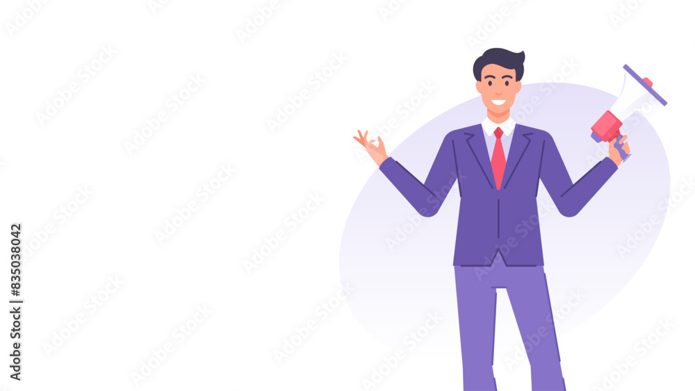 Cartoon business man with megaphone marketing promo banner design template vector flat Cartoon business man with megaphone marketing promo banner design template vector flat
