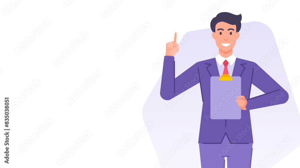 Cartoon business man with clipboard up pointing finger banner design template vector flat Cartoon business man with clipboard up pointing finger banner design template vector flat