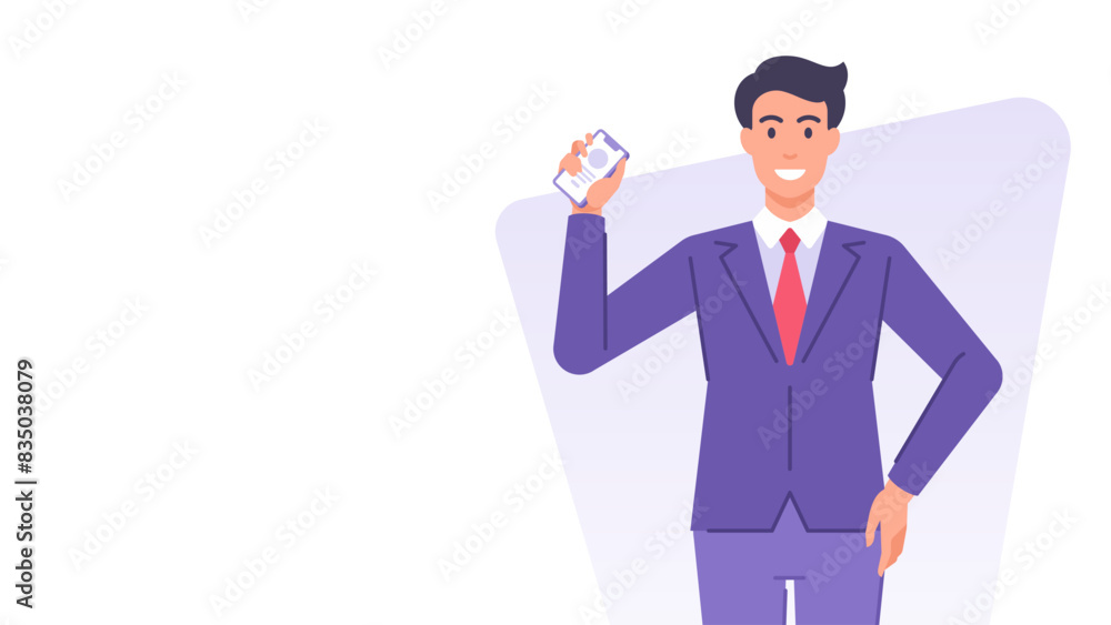 Cartoon business man showing smartphone contact application banner design template vector flat Cartoon business man showing smartphone contact application banner design template vector flat