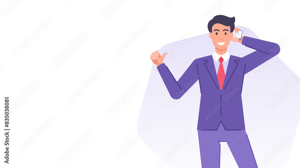 Business man call smartphone showing cool thumb up banner design template vector flat Business man call smartphone showing cool thumb up banner design template vector flat