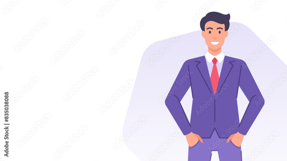 Smiling cartoon business man standing with hands in pocket banner design template vector flat Smiling cartoon business man standing with hands in pocket banner design template vector flat