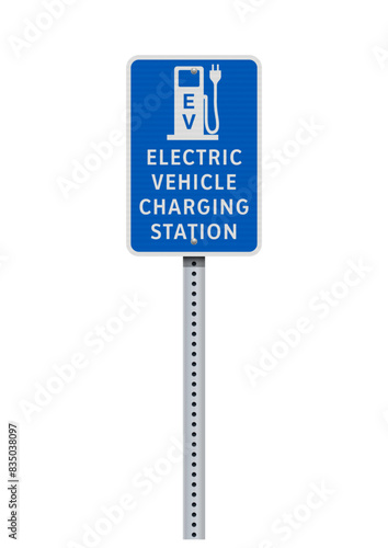 Vector illustration of the Electric Vehicle Charging Station parking  blue sign on metallic post
