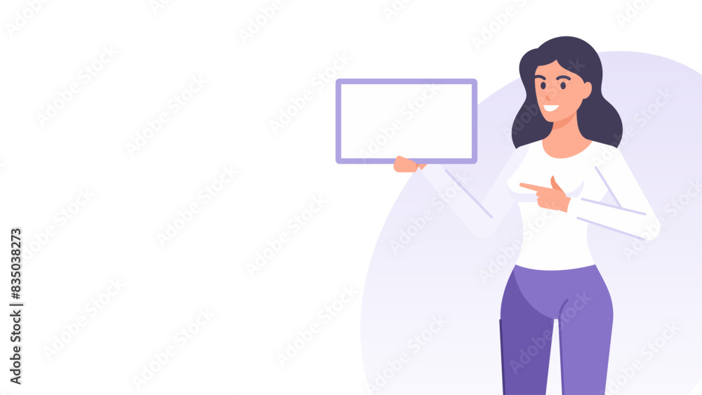 Business woman pointing to board message information banner design template vector flat Business woman pointing to board message information banner design template vector flat