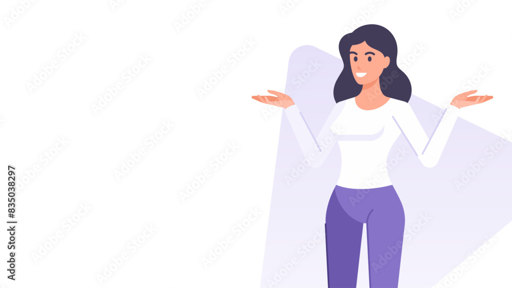 Smiling business woman surprise doubt gesture banner design template vector flat illustration Smiling business woman surprise doubt gesture banner design template vector flat illustration