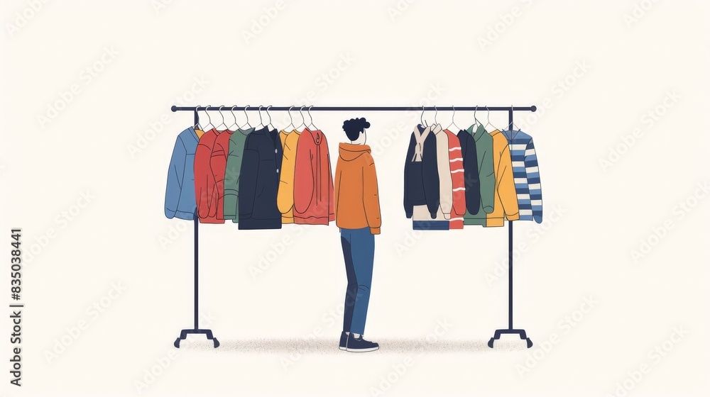 An illustration in 2D flat style showing a character browsing through a rack of fair trade clothing. The minimalist design emphasizes the ethical production process and the support for artisans and An illustration in 2D flat style showing a character browsing through a rack of fair trade clothing. The minimalist design emphasizes the ethical production process and the support for artisans and