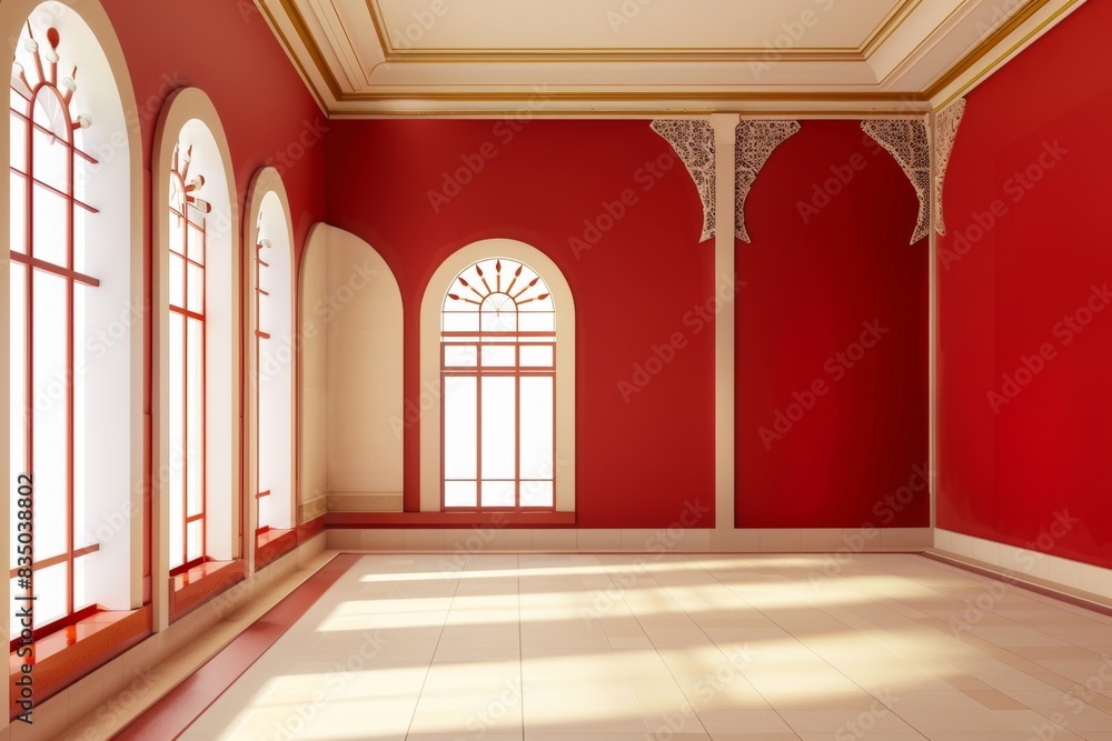 Fototapeta premium Empty room in Arabic style. Realistic spacious 3d Arabic room with large windows light shines through the window