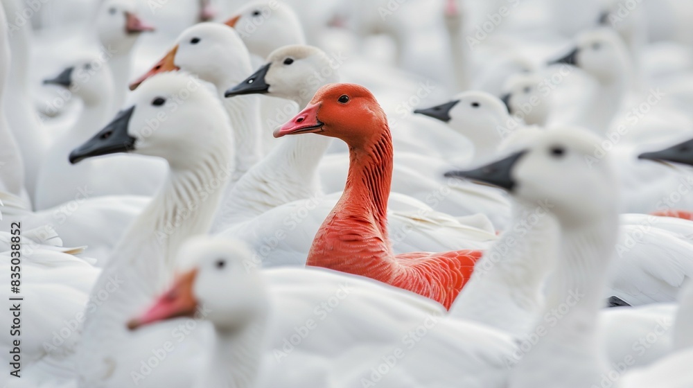 Obraz premium Red goose in a flock of white geese. Concept of differences in society, concept of leadership