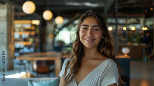 Young smiling woman in modern coworking space or cafe