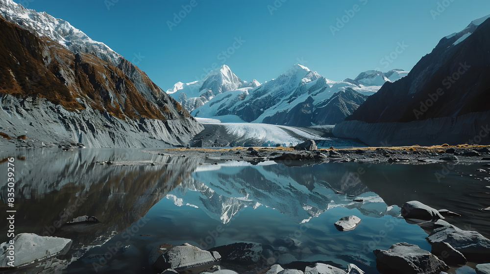 Stunning panoramic view of a glacier and snow-capped mountains reflecting in a pristine lake during the International Year of Glaciers Preservation