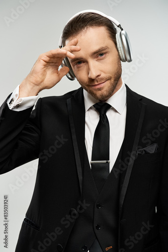 A handsome bearded businessman in a suit listens to music with headphones on in a studio setting.