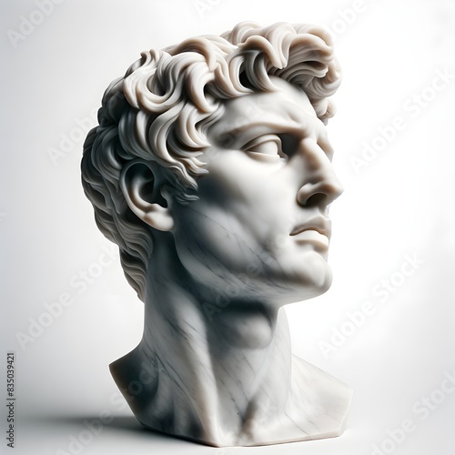 Eine Marmorbüste eines männlichen Kopfes, fein detailliert und kunstvoll gestaltet. Die weiße Marmorskulptur zeigt beeindruckende Texturen in klassischer Form 