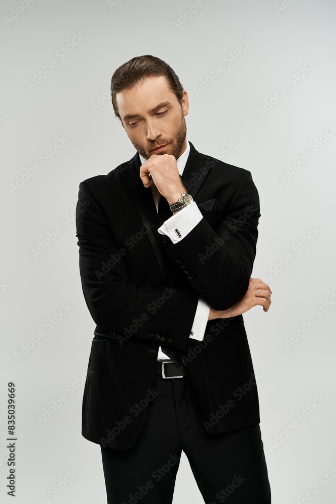 A handsome, bearded businessman in a tuxedo poses confidently for the camera in a studio setting on a grey background. A handsome, bearded businessman in a tuxedo poses confidently for the camera in a studio setting on a grey background.