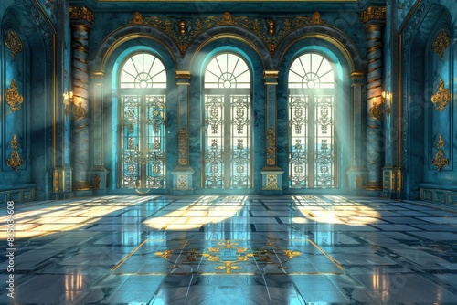 Empty room in Arabic style. Realistic spacious 3d Arabic room with large windows light shines through the window © megavectors