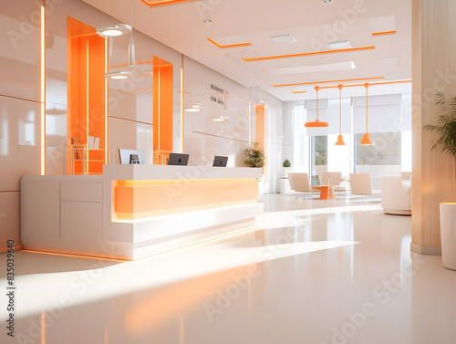 Empty modern hospital corridor, clinic hallway interior background with white chairs for patients waiting for doctor visit. Contemporary waiting room in medical office. Healthcare services concept