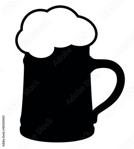 beer stein mug silhouette shape, black and white vector illustration of glass of beer with beer head