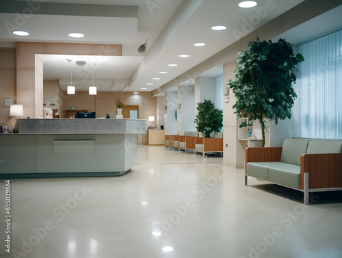 Empty modern hospital corridor, clinic hallway interior background with white chairs for patients waiting for doctor visit. Contemporary waiting room in medical office. Healthcare services concept