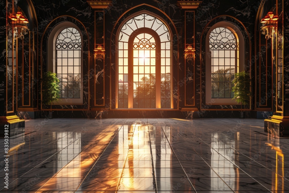 Fototapeta premium Empty room in Arabic style. Realistic spacious 3d Arabic room with large windows light shines through the window