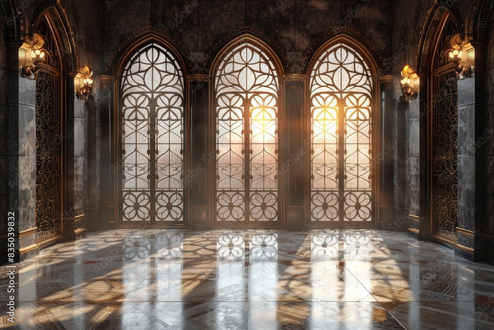 Obraz premium Empty room in Arabic style. Realistic spacious 3d Arabic room with large windows light shines through the window