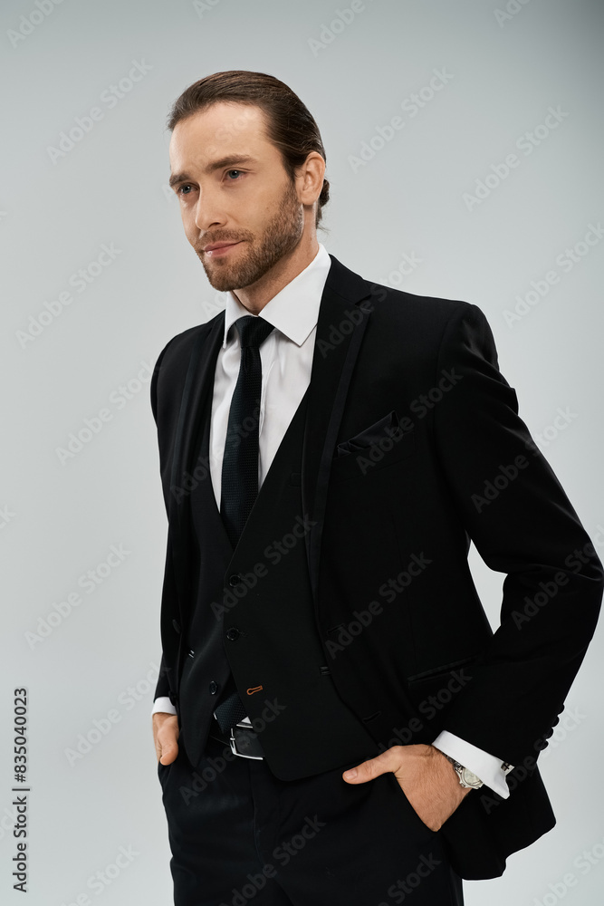 A bearded businessman exudes confidence while posing for a portrait in a sleek suit and tie on a neutral grey background. A bearded businessman exudes confidence while posing for a portrait in a sleek suit and tie on a neutral grey background.