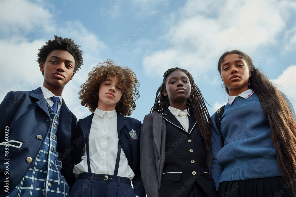 Four young people wearing school uniforms stand together in front of a blue sky Four young people wearing school uniforms stand together in front of a blue sky