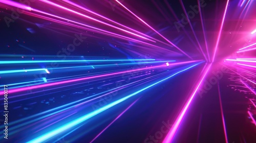 Blue pink and purple neon glow laser beam light lines moving fast,digital, high speed internet, cyberpunk, techonogy backdrop. futuristic abstract background