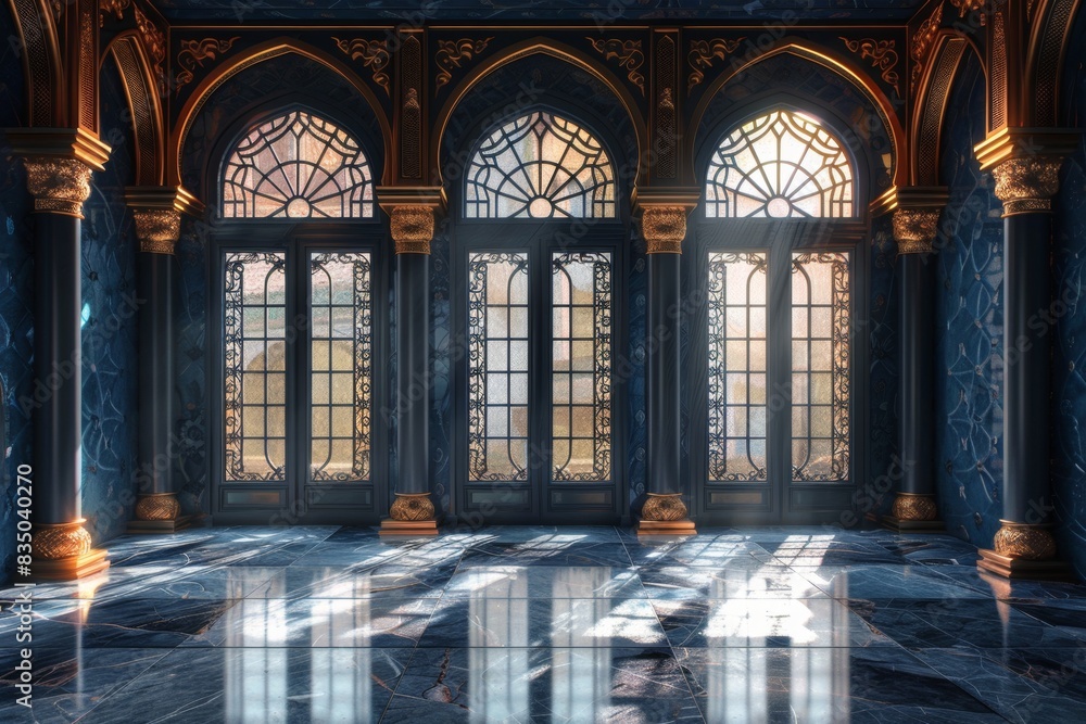 Empty room in Arabic style. Realistic spacious 3d Arabic room with large windows light shines through the window Empty room in Arabic style. Realistic spacious 3d Arabic room with large windows light shines through the window