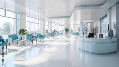 Empty modern hospital corridor, clinic hallway interior background with white chairs for patients waiting for doctor visit. Contemporary waiting room in medical office. Healthcare services concept
