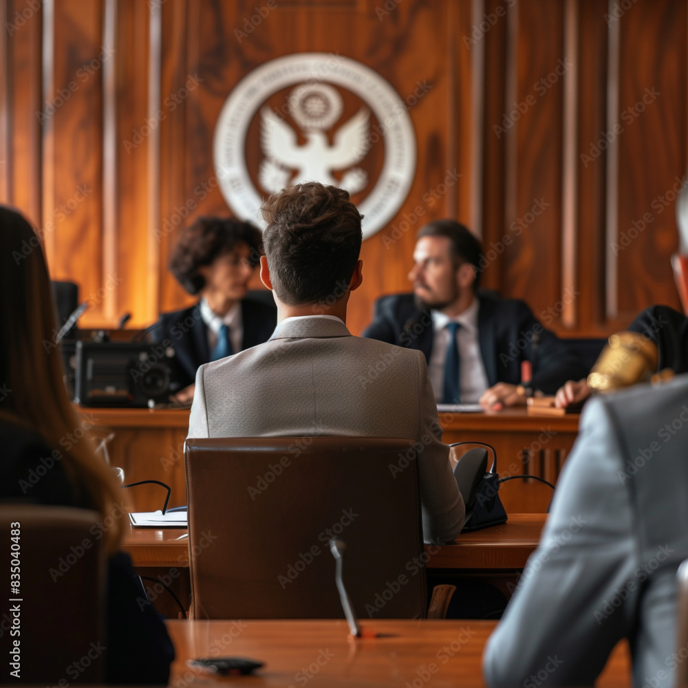Obraz premium A government official discussing legal reforms with a panel of judges and lawyers