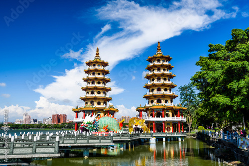 Architecture view of the Dragon and Tiger Pagodas in Lotus Pond(Lianchihtan) of Kaohsiung, Taiwan. it is a temple located at Lotus Pond.