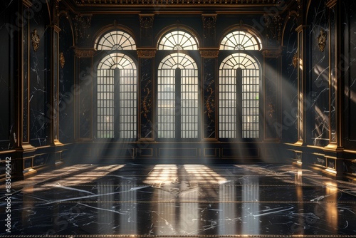 Empty room in Arabic style. Realistic spacious 3d Arabic room with large windows light shines through the window