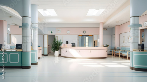 Empty modern hospital corridor  clinic hallway interior background with white chairs for patients waiting for doctor visit. Contemporary waiting room in medical office. Healthcare services concept