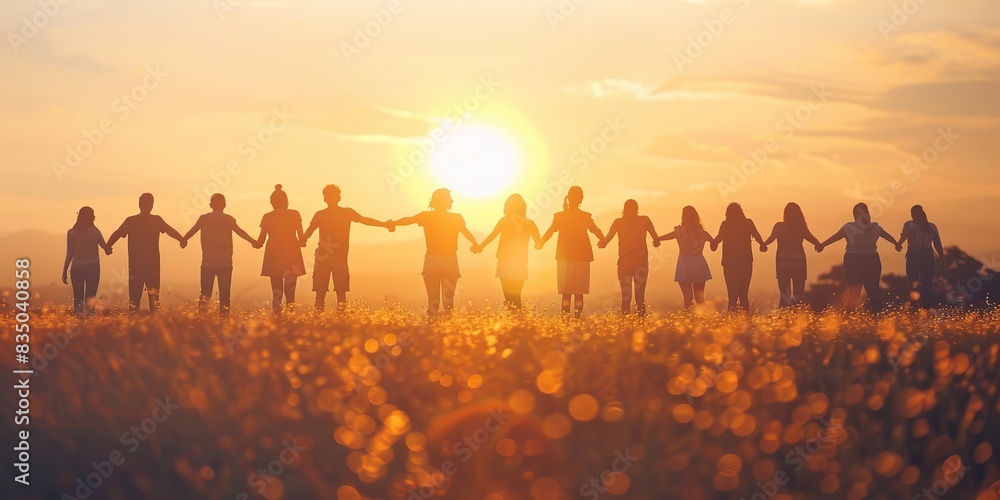 Large group of people holding hands in solidarity. Several happy joyful friends standing together, looking in future with hope and confidence against the sky. Warm sunshine at sunset, backside view. Large group of people holding hands in solidarity. Several happy joyful friends standing together, looking in future with hope and confidence against the sky. Warm sunshine at sunset, backside view.