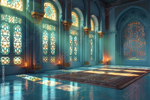 Empty room in Arabic style. Realistic spacious 3d Arabic room with large windows light shines through the window