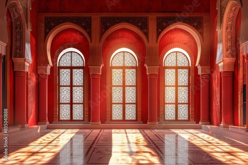 Empty room in Arabic style. Realistic spacious 3d Arabic room with large windows light shines through the window