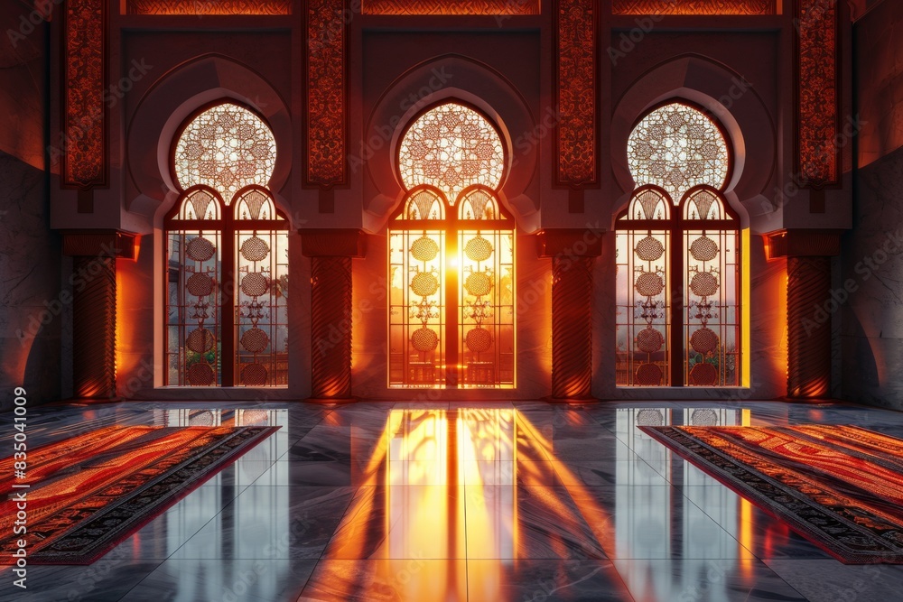 Obraz premium Empty room in Arabic style. Realistic spacious 3d Arabic room with large windows light shines through the window