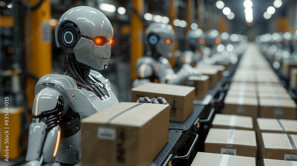 robot android sort cardboard parcel boxes. Concept of automation of manual labor processes robot android sort cardboard parcel boxes. Concept of automation of manual labor processes