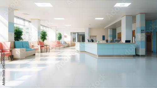 Empty modern hospital corridor  clinic hallway interior background with white chairs for patients waiting for doctor visit. Contemporary waiting room in medical office. Healthcare services concept