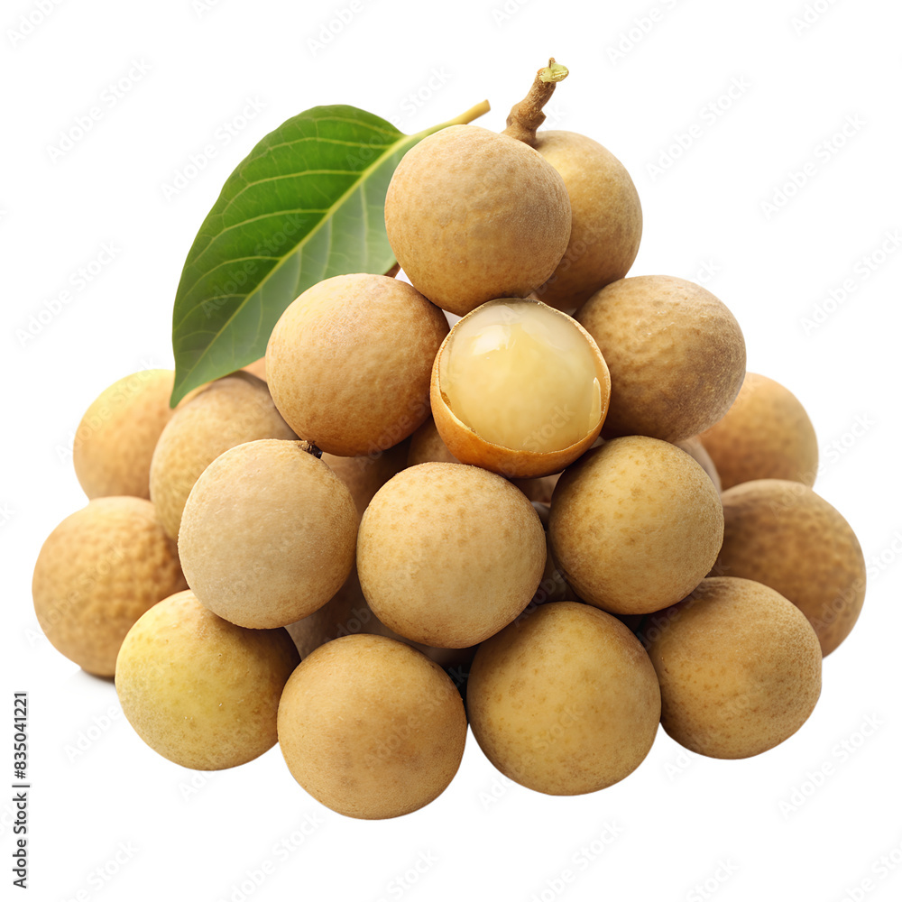 Bunch of fresh Longan with green leaves isolated on white background Bunch of fresh Longan with green leaves isolated on white background
