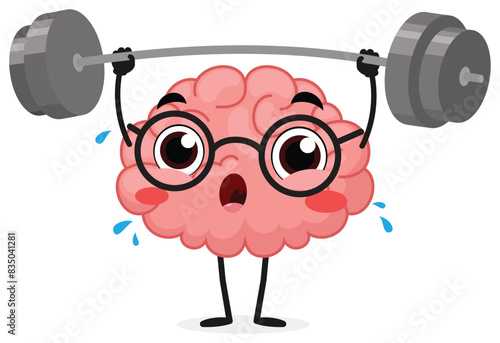 Cute brain cartoon lifting heavy weight, train your brain concept