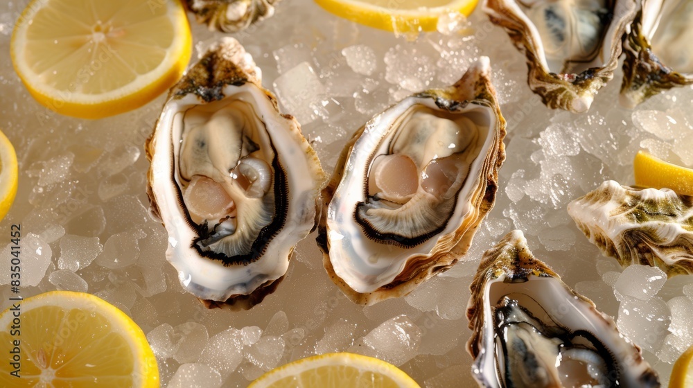 Fresh oysters on ice with lemon slices Fresh oysters on ice with lemon slices