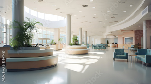 Empty modern hospital corridor  clinic hallway interior background with white chairs for patients waiting for doctor visit. Contemporary waiting room in medical office. Healthcare services concept