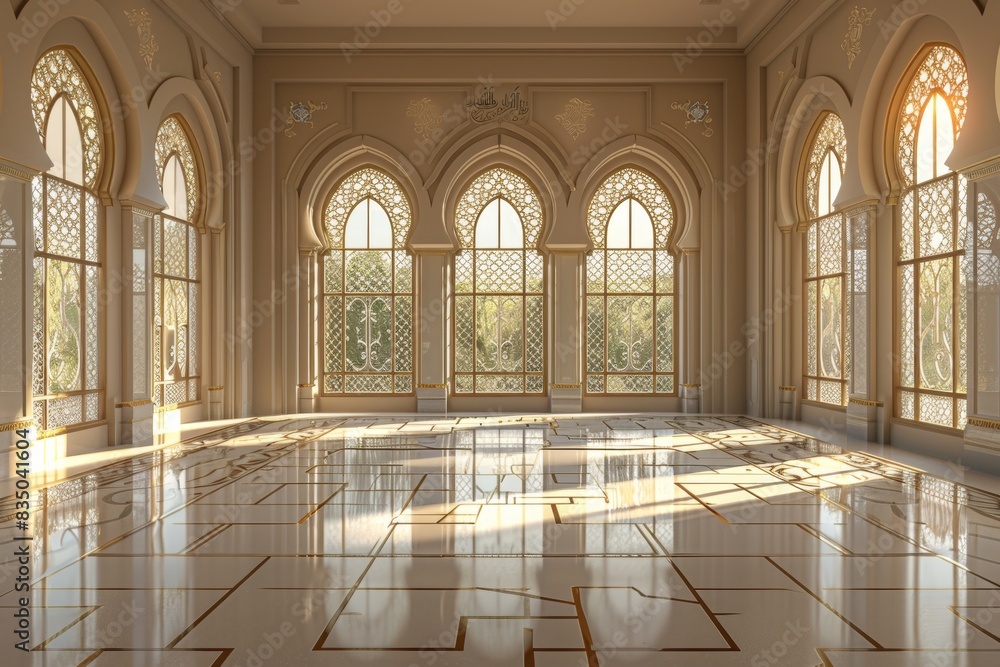 Fototapeta premium Empty room in Arabic style. Realistic spacious 3d Arabic room with large windows light shines through the window