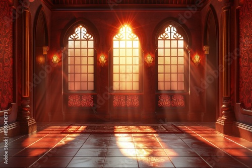 Empty room in Arabic style. Realistic spacious 3d Arabic room with large windows light shines through the window