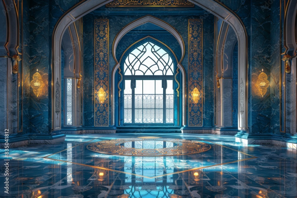 Fototapeta premium Empty room in Arabic style. Realistic spacious 3d Arabic room with large windows light shines through the window