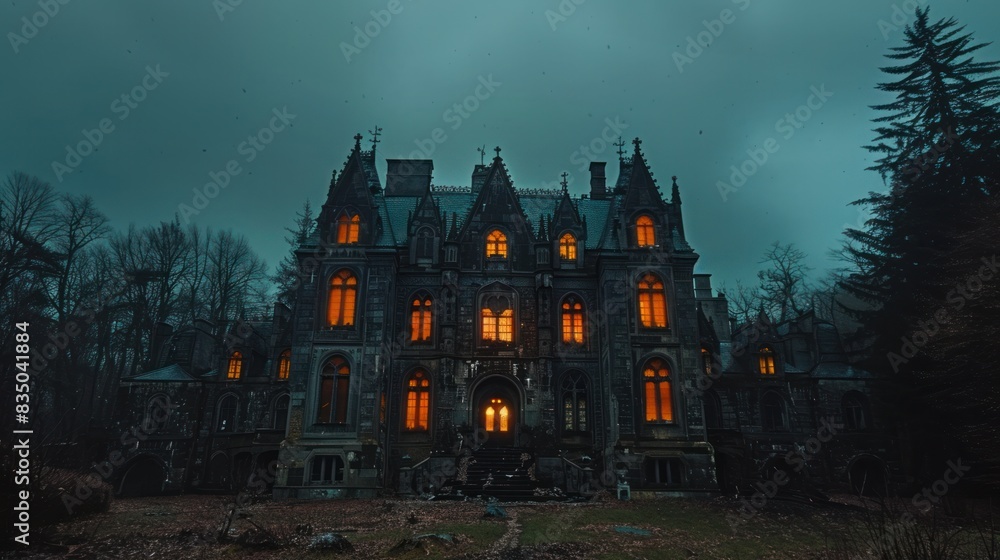 A spooky Halloween-themed manor featuring orange windows against a dark and stormy sky. The eerie atmosphere and gothic architecture make it perfect for a haunted