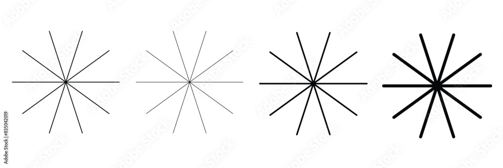 Starburst stripe round set. Ray lines emanate from the center of the circle. Pack of geometric elements. Isolated vector illustration on white background. Radial circle lines. Eps 10. Starburst stripe round set. Ray lines emanate from the center of the circle. Pack of geometric elements. Isolated vector illustration on white background. Radial circle lines. Eps 10.